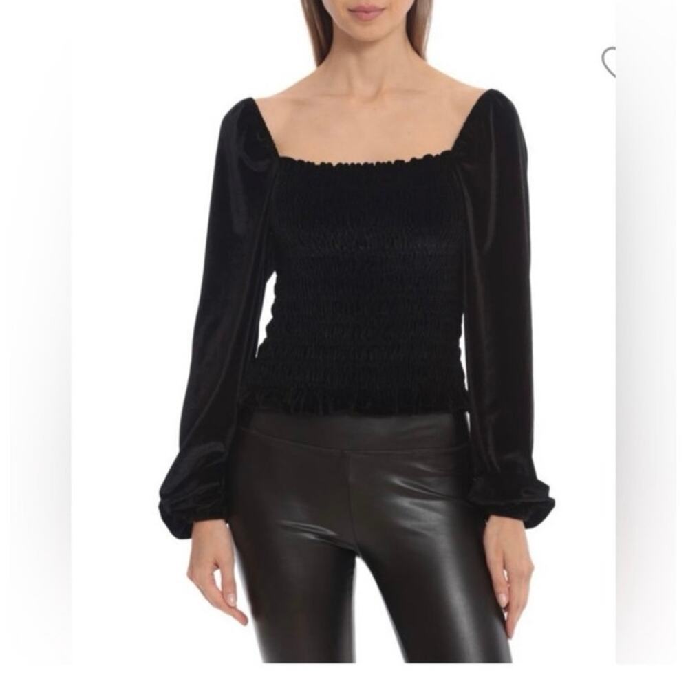 Bagatelle Black Velvet Whimsigoth Smocked Square Neck Balloon Sleeve Top L